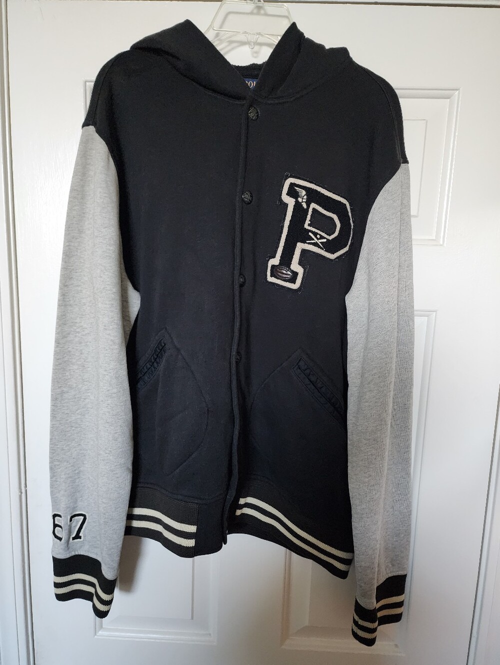 Ralph Lauren Vintage Black And Gray Letterman Hoodie.